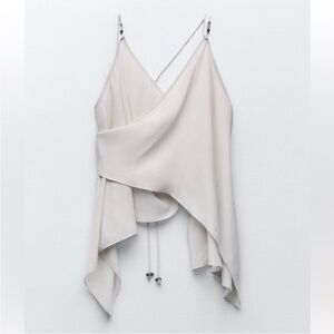 Zara Stone Beige Open Back Beaded Tie Asymmetrical Top NWT Small